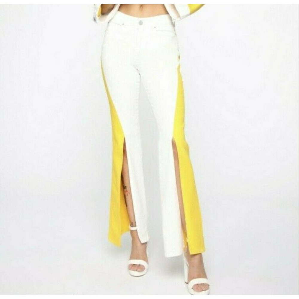 Fashion Nova CARDI B White Yellow Color Block High Waist Jean Size 2X Pants Slit